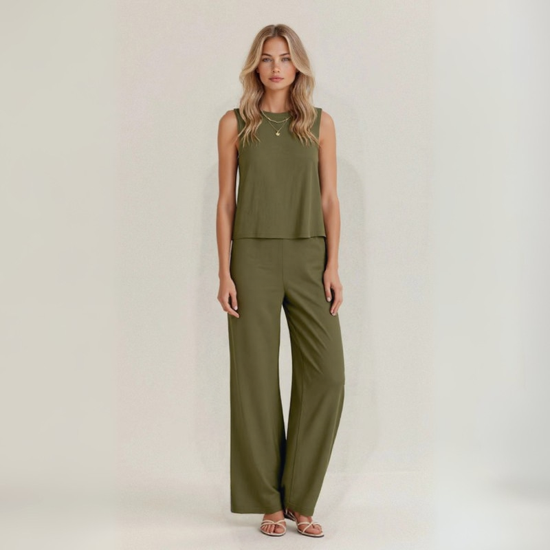 Conjunto de lino verde oliva: blusa sin mangas con detalle de dobladillo y pantalón ancho
