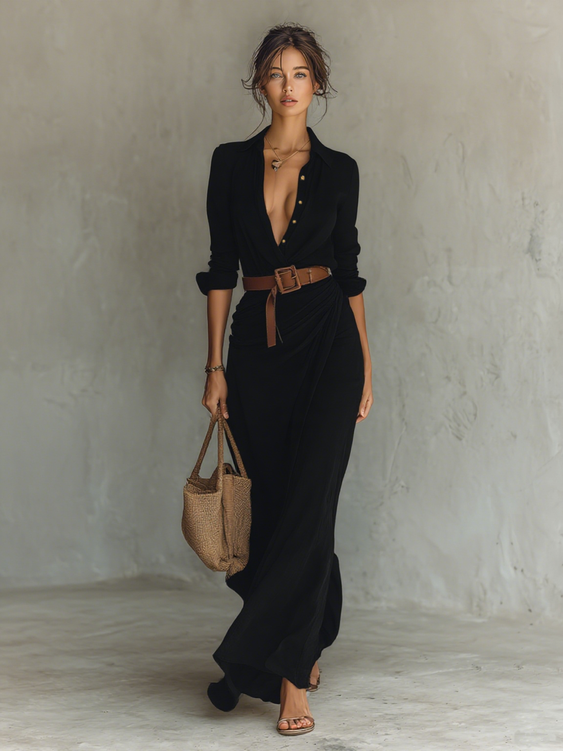 Vestido largo negro cruzado con botones y cinturón marrón
