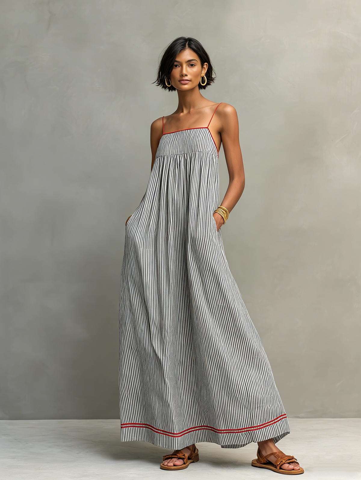 Vestido midi de tirantes con rayas gris oscuro, fruncido en el pecho y ribete rojo