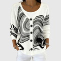 Chaqueta de punto con capucha, blanca con estampado negro y botones frontales