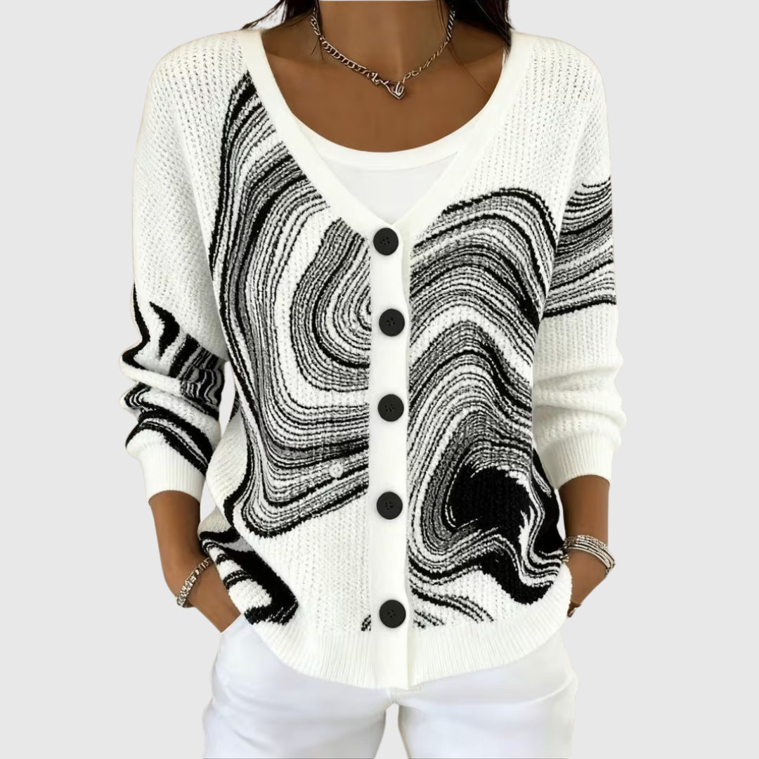 Chaqueta de punto con capucha, blanca con estampado negro y botones frontales