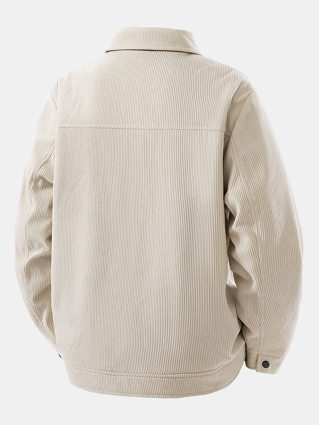 Chaqueta de pana beige por detrás, cuello alto y puños acanalados.