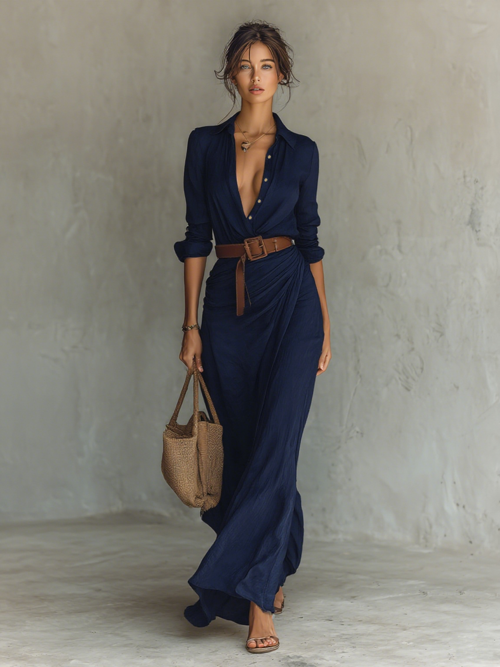 Vestido largo azul oscuro cruzado con botones y cinturón marrón