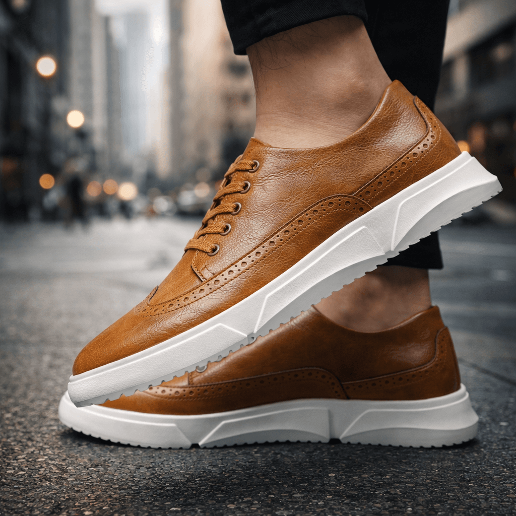 Zapatillas tipo brogue de cuero marrón con cordones y suela blanca gruesa