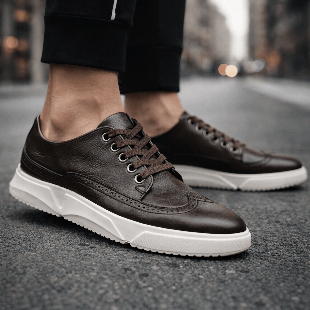 Zapatillas de cuero negras estilo brogue con cordones y suela blanca gruesa