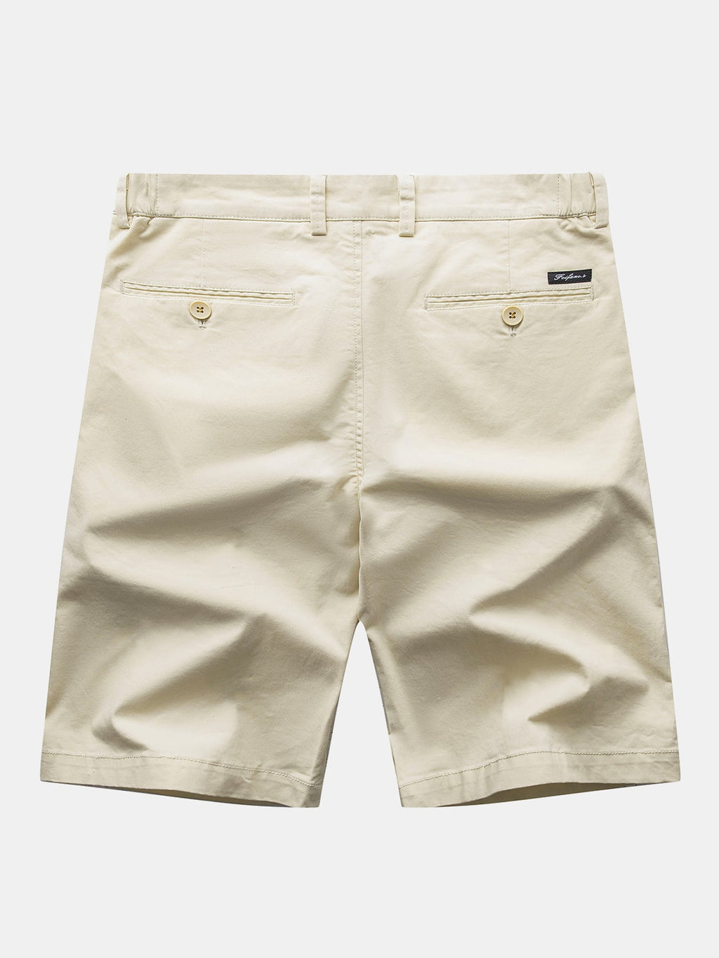 Pantalón corto beige claro de algodón, bolsillos traseros y cintura con botón