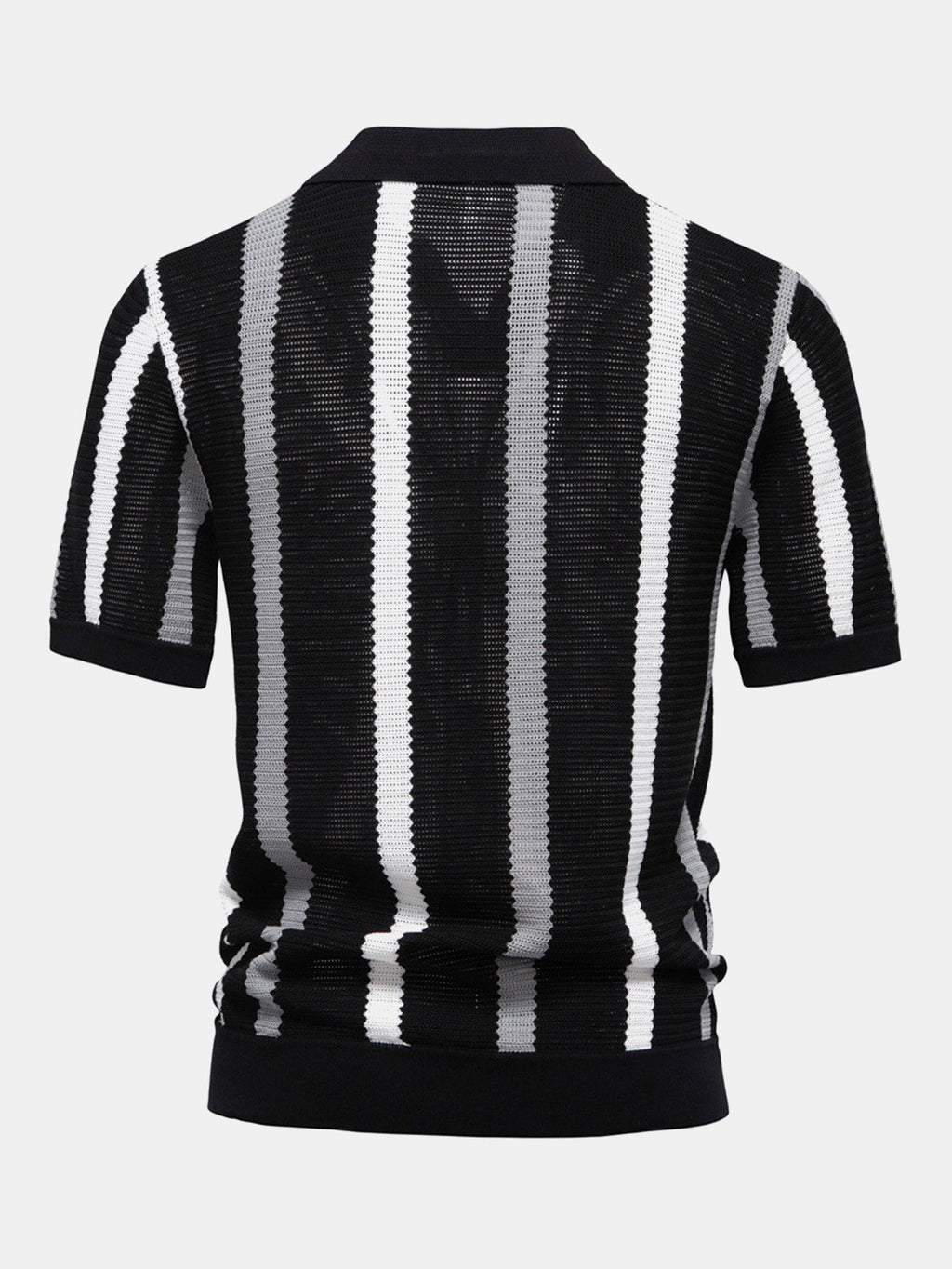 Polo de punto Firenze de espalda con rayas verticales negras y blancas.
