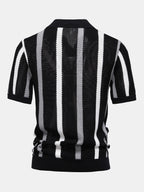 Polo de punto Firenze de espalda con rayas verticales negras y blancas.