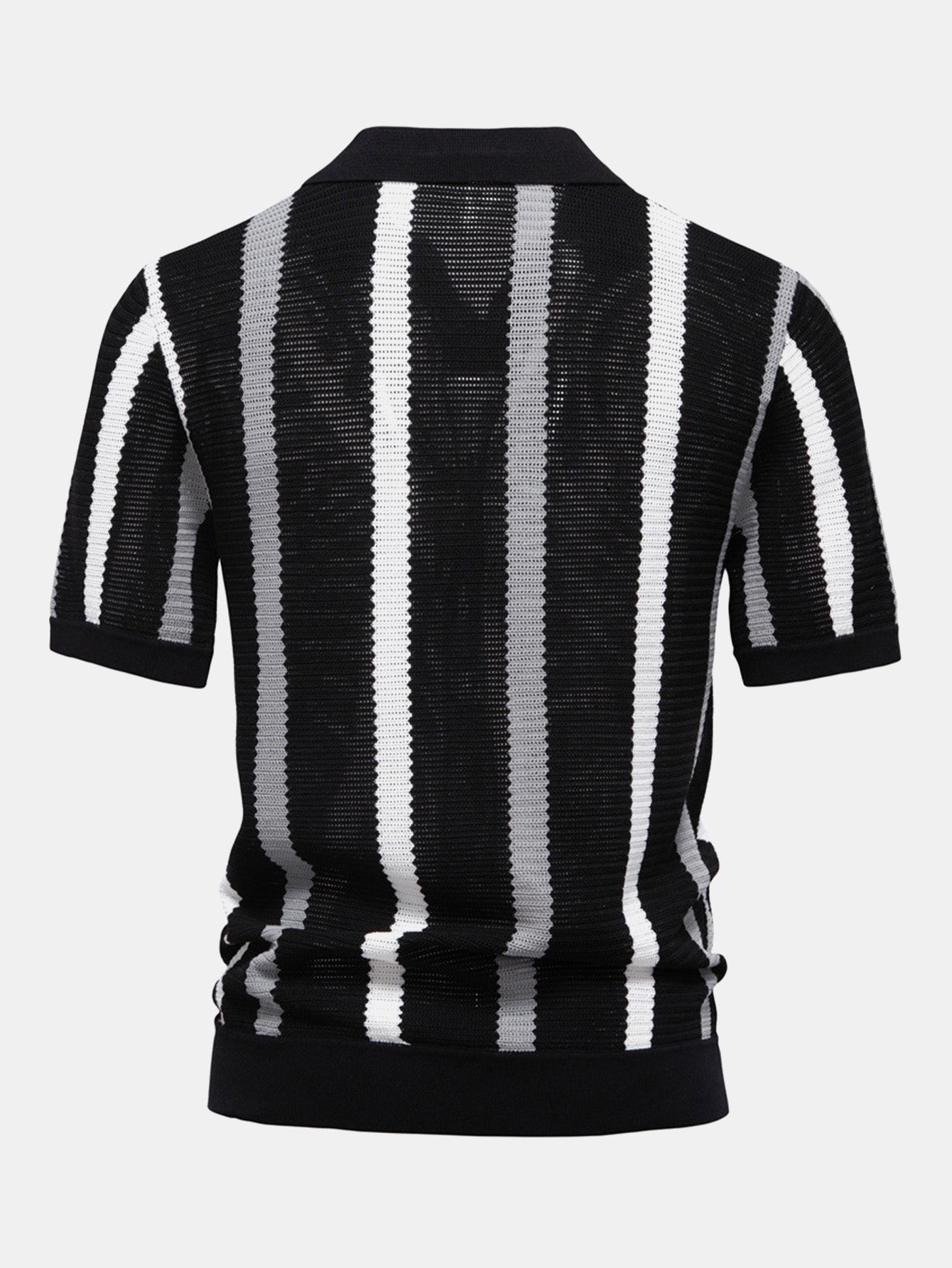 Polo de punto Firenze de espalda con rayas verticales negras y blancas.