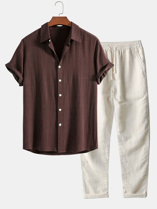 Conjunto camisa abotonada marrón café y pantalón recto de lino con cordón, manga corta