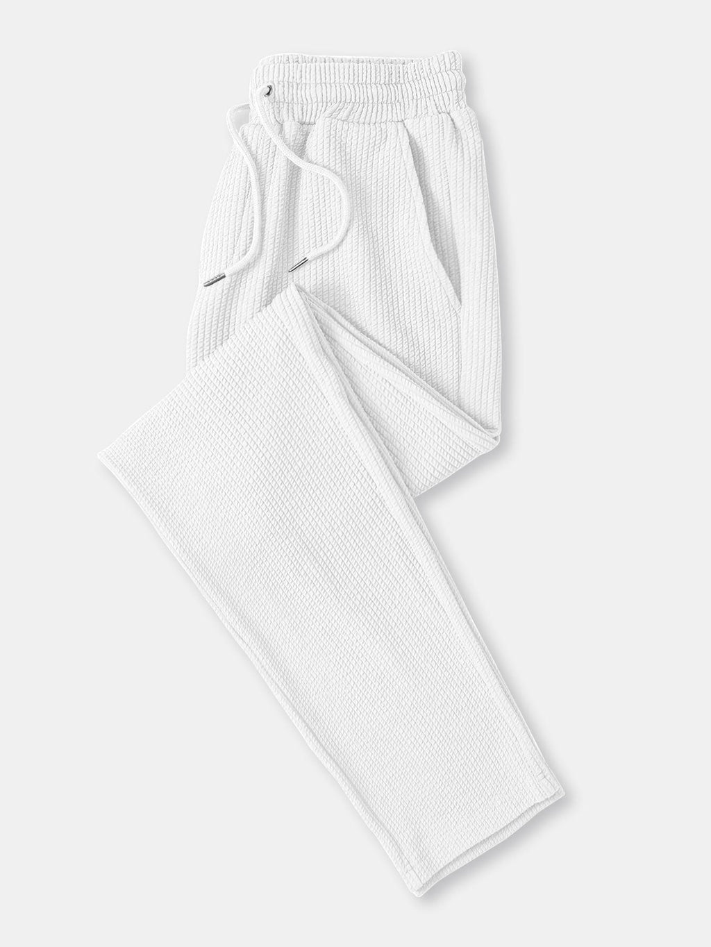 Pantalones rectos blancos de tejido acanalado con cintura elástica y cordón
