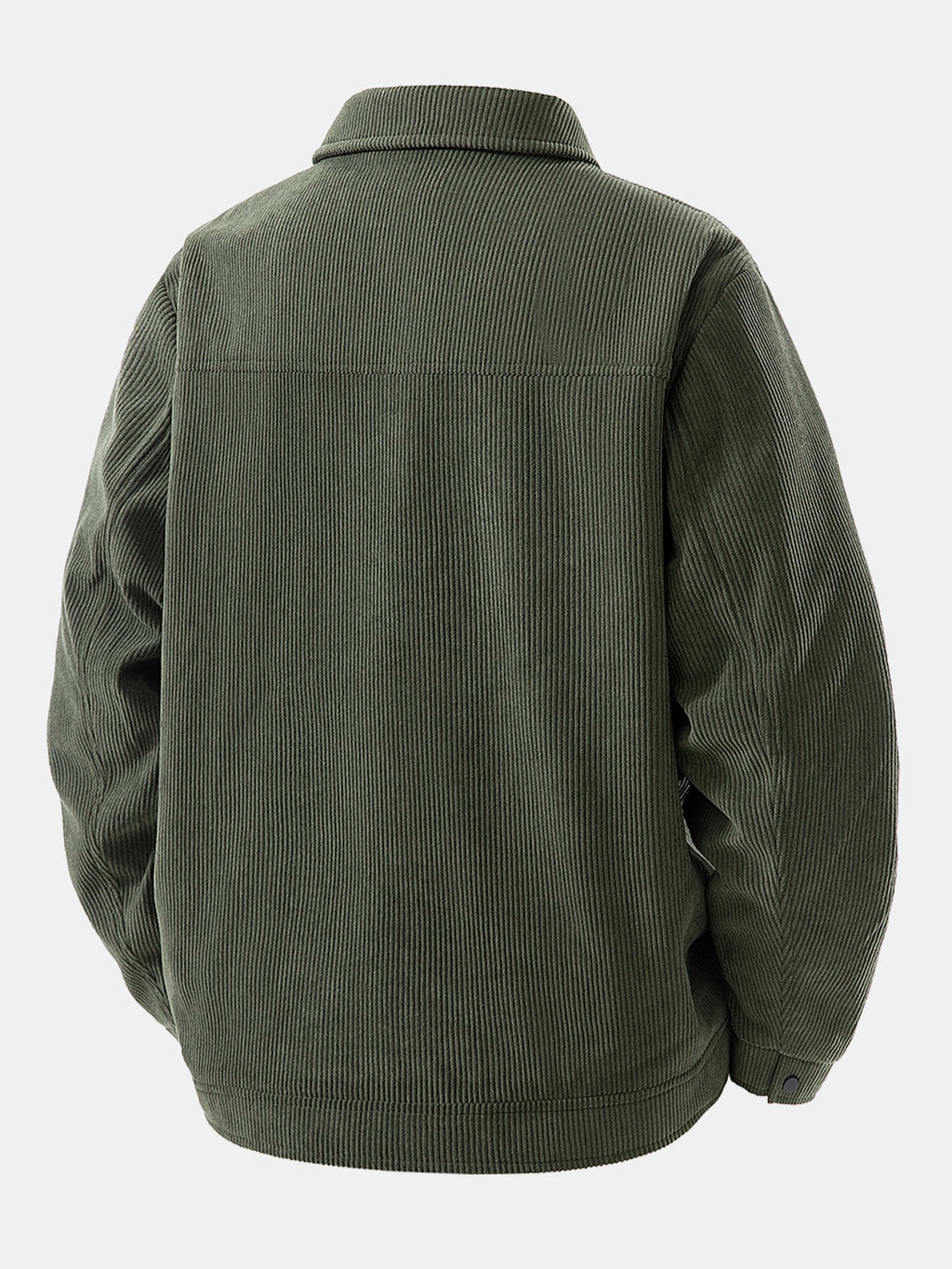 Chaqueta de pana verde oscura por detrás, cuello alto y puños acanalados.