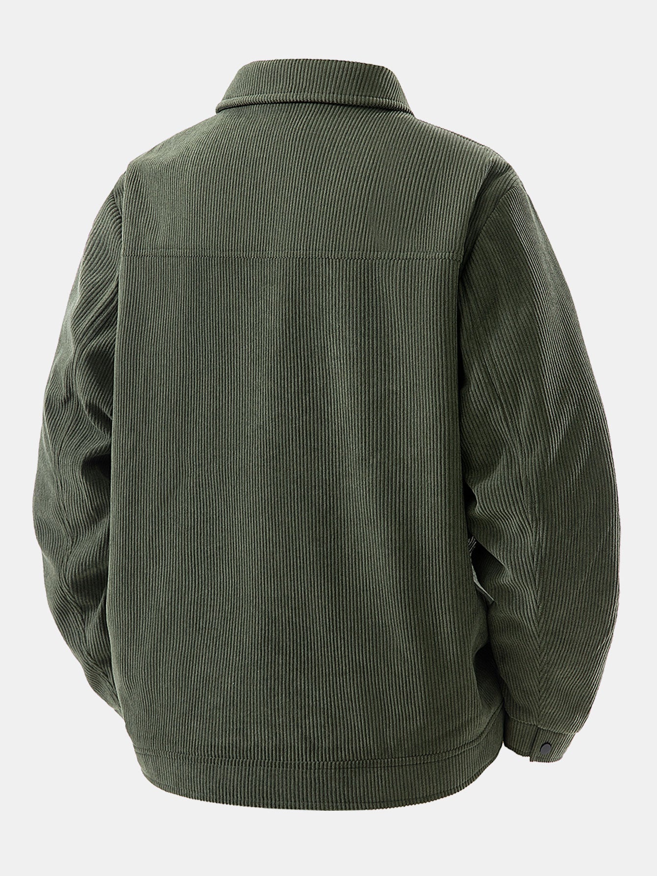Chaqueta de pana verde oscura por detrás, cuello alto y puños acanalados.