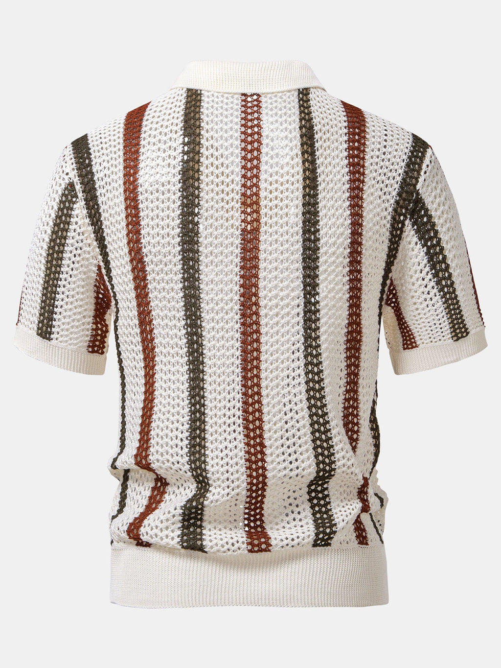 Polo de punto beige con rayas verticales marrón y negras, vista trasera, manga corta