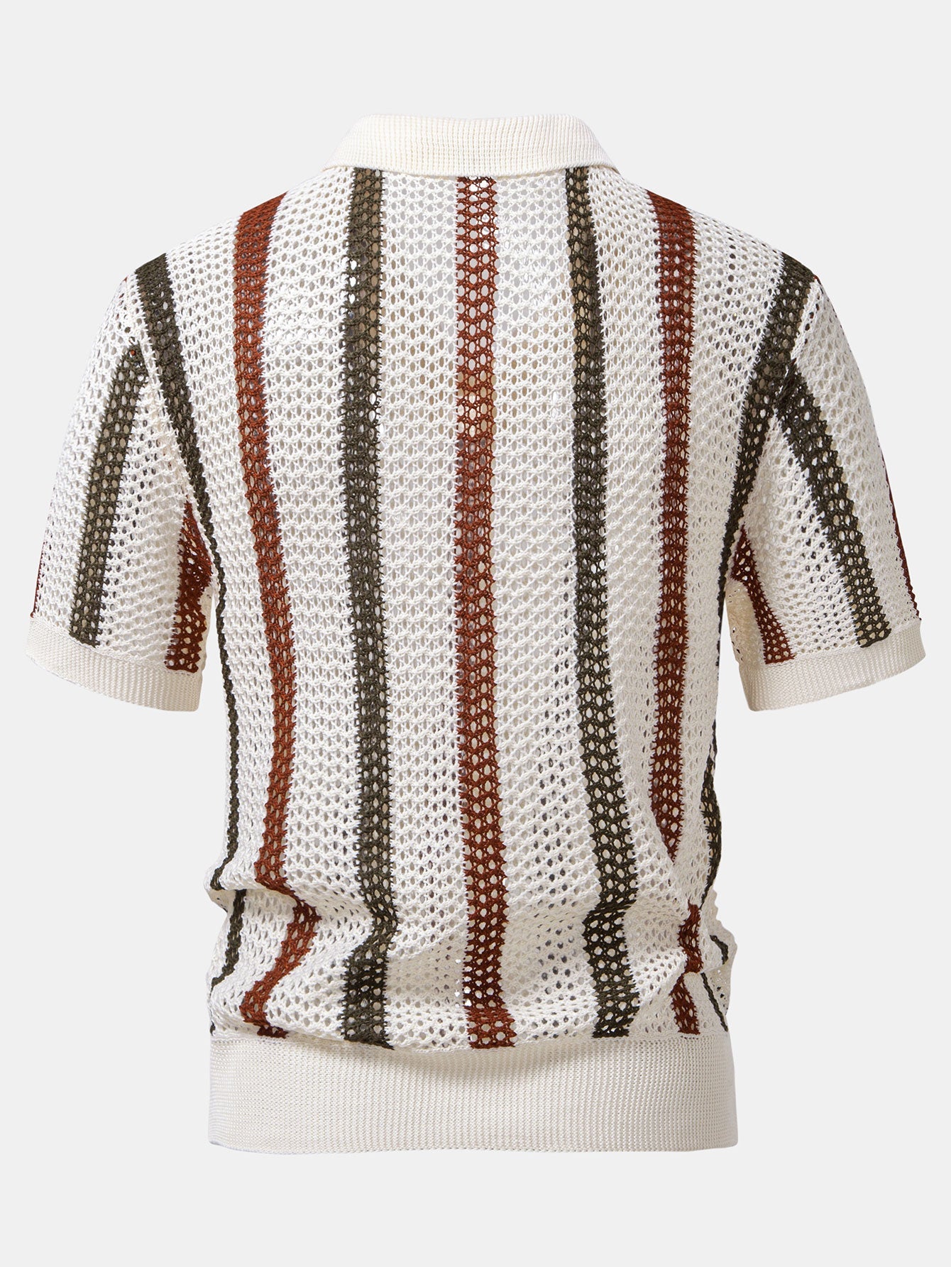 Polo de punto beige con rayas verticales marrón y negras, vista trasera, manga corta