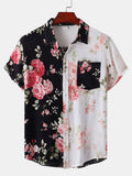 Camisa floral bicolor, negro y blanco, con estampado de rosas y botones