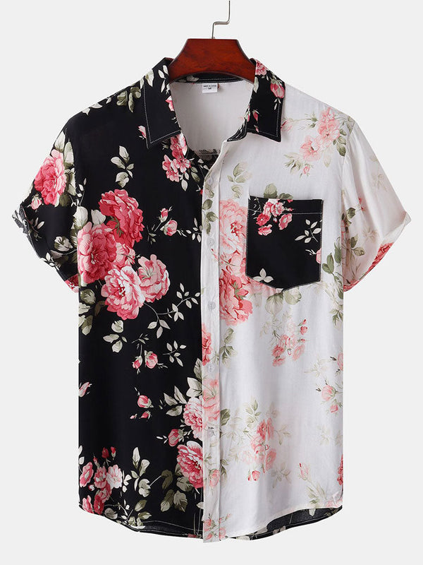 Camisa floral bicolor, negro y blanco, con estampado de rosas y botones