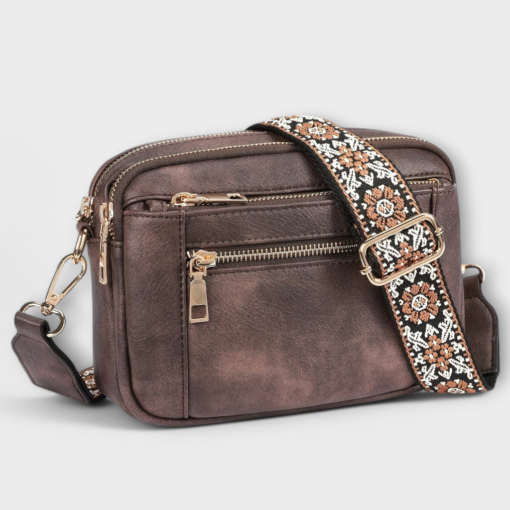 Bolso bandolera retro marrón oscuro con correa estampada floral y compartimento frontal