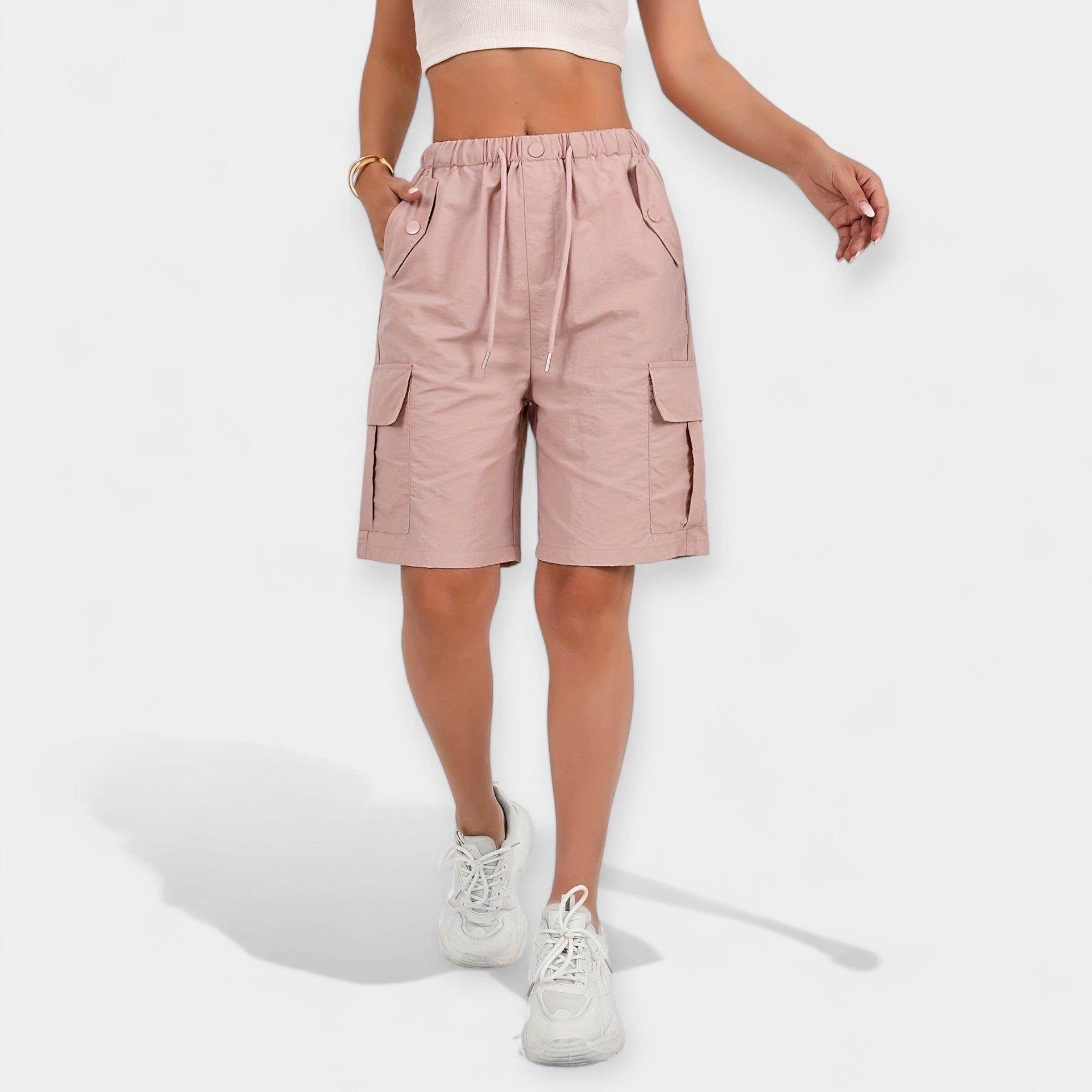 Shorts cargo de verano rosa, cintura elástica con cordón y bolsillos laterales con solapa