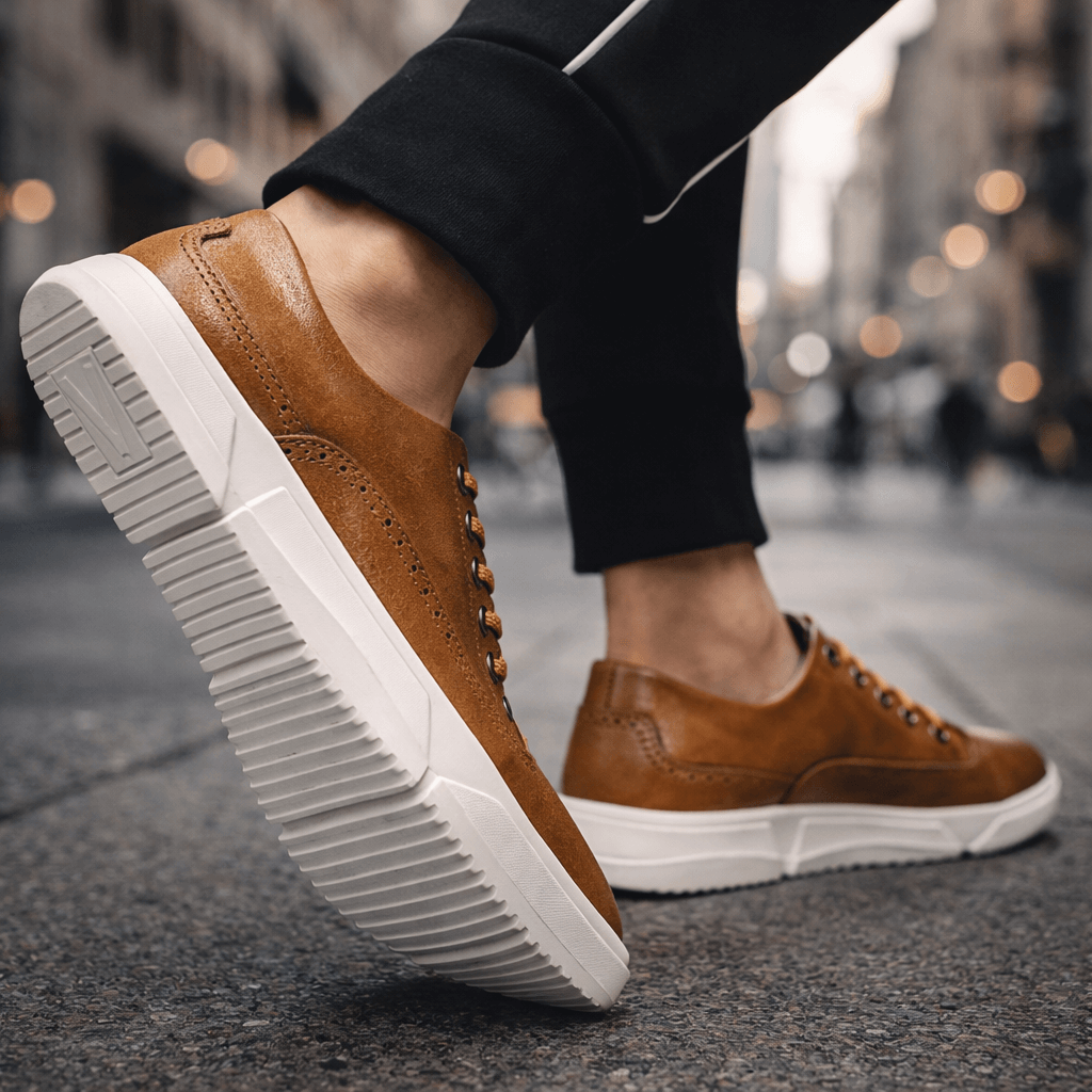 Zapatillas tipo brogue de cuero marrón con cordones y suela blanca acanalada