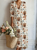 Vestido largo bohemio con estampado de vacas y flores multicolor