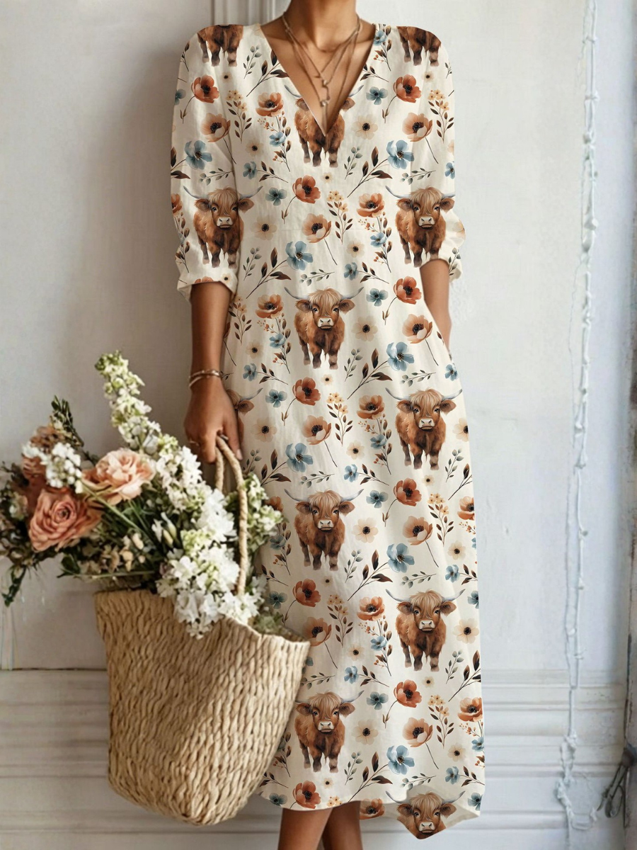 Vestido largo bohemio con estampado de vacas y flores multicolor