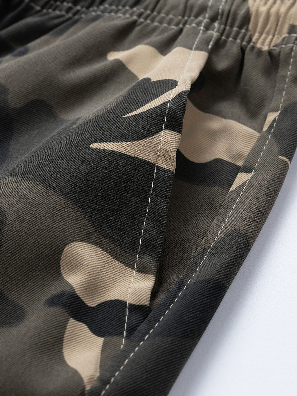 Detalle de la costura y la tela en pantalón corto de camuflaje en tono gris