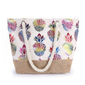 Bolso tote de tela beige con asas trenzadas y estampado multicolor de piñas