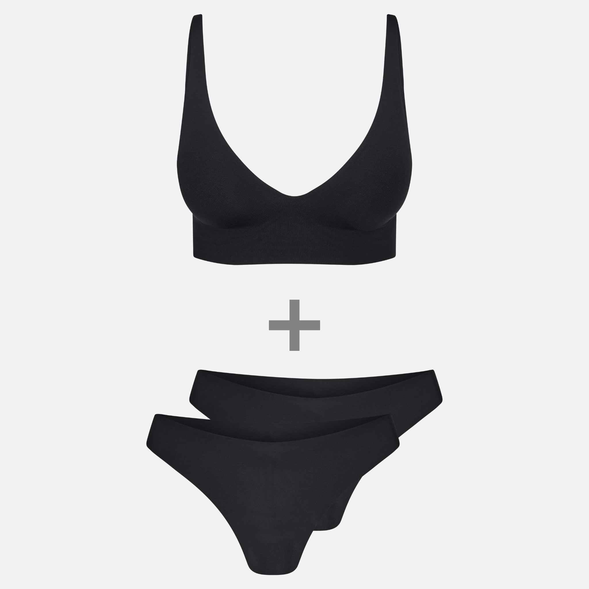 Conjunto de sujetador y 2 tangas sin costuras, negro, diseño sin costuras