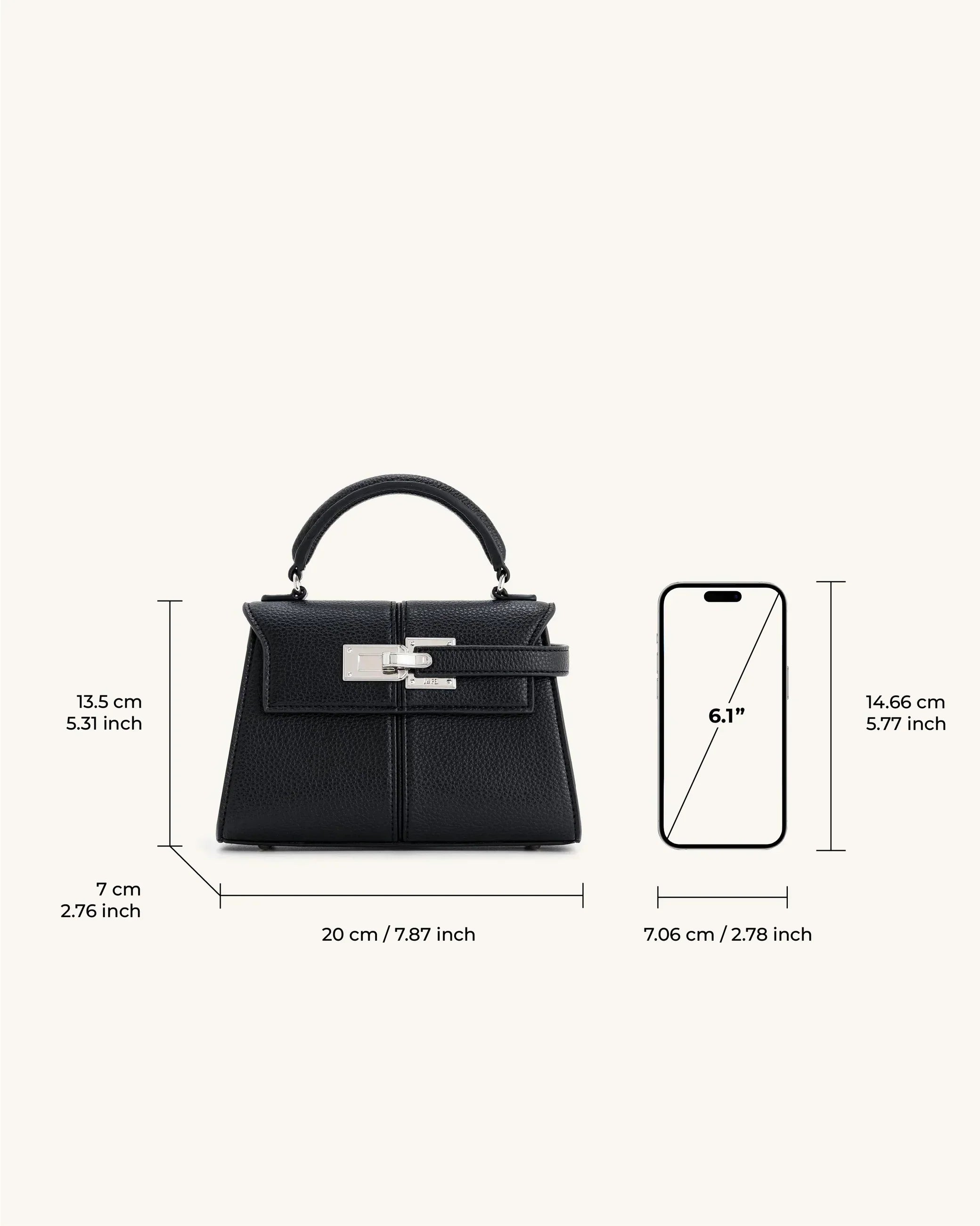 Bolso Ciela Spiral negro con asa superior y cierre frontal tipo solapa con hebilla