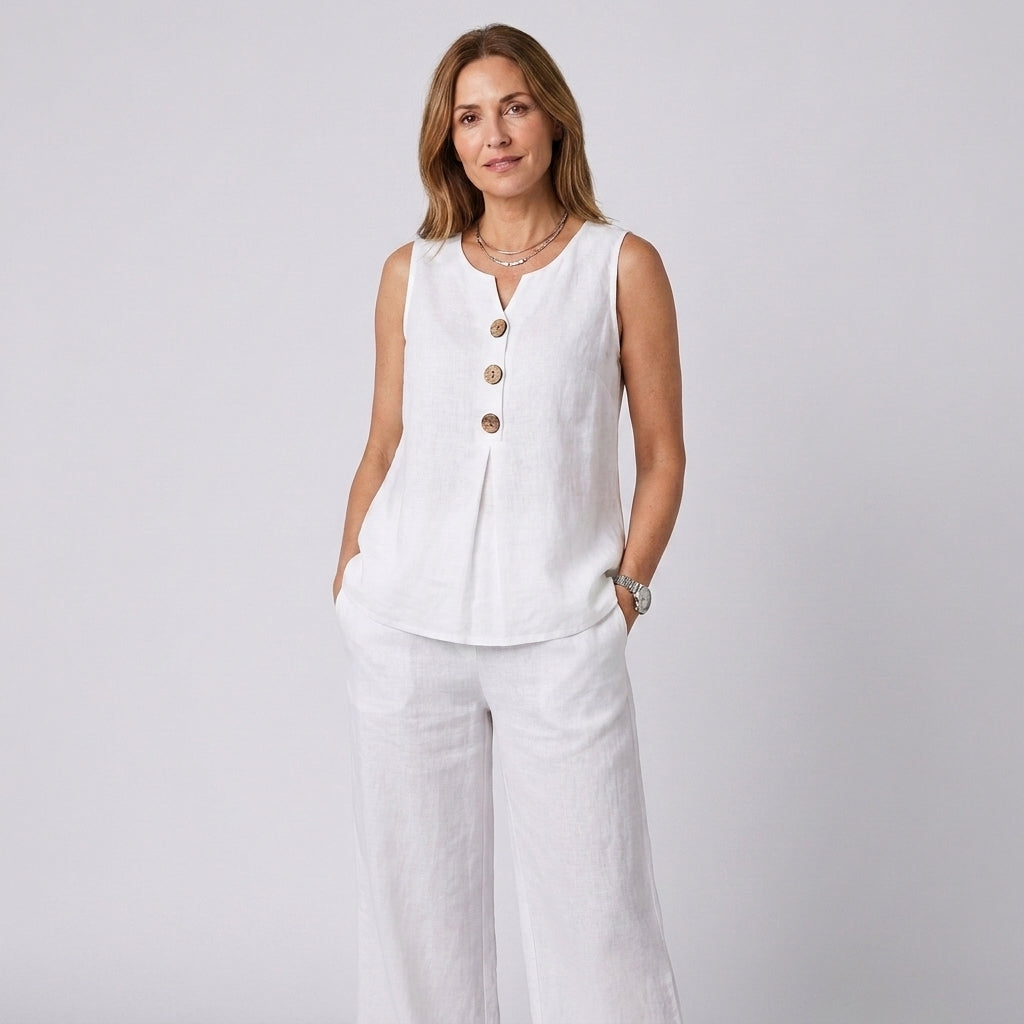 Conjunto blanco de lino y algodón: top sin mangas con botones y pantalón ancho largo