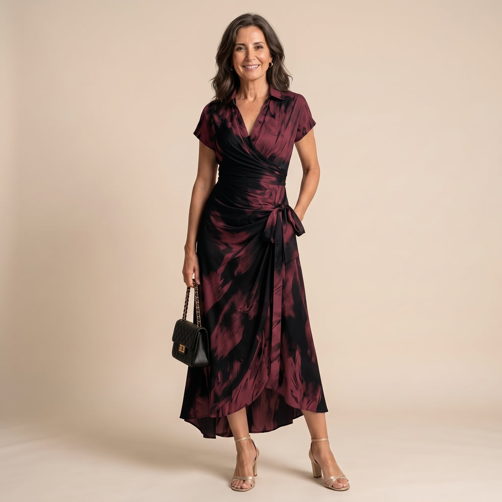 Vestido maxi envolvente granate con estampado, escote en V cruzado y cinturón anudado