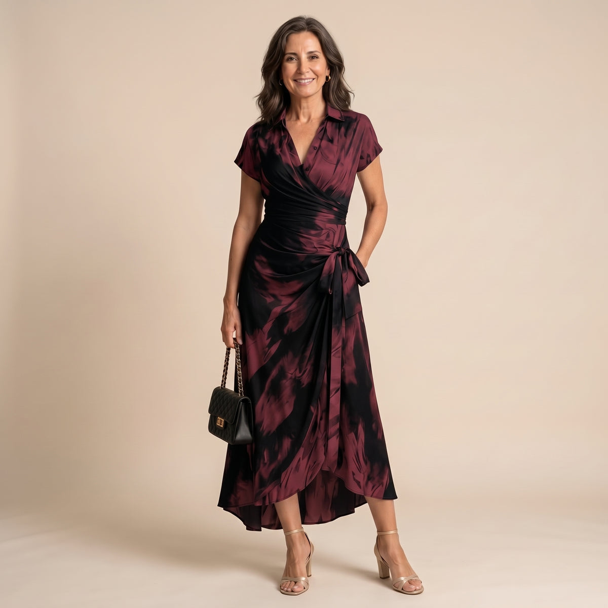 Vestido maxi envolvente granate con estampado, escote en V cruzado y cinturón anudado