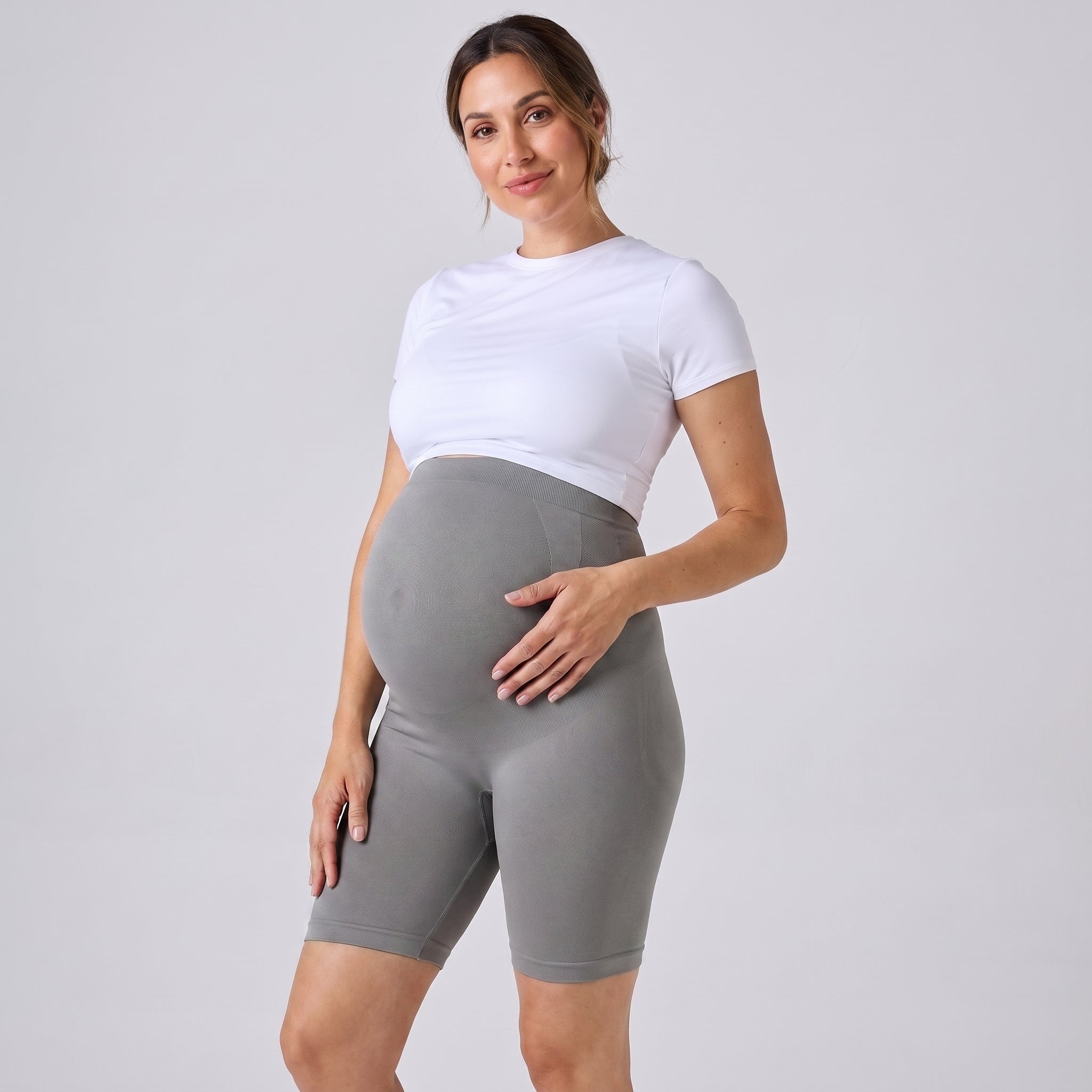 Leggings premamá de pierna corta gris oscuro, cintura ancha