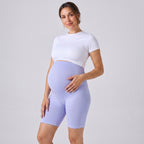 Leggings premamá de pierna corta morado claro, cintura ancha