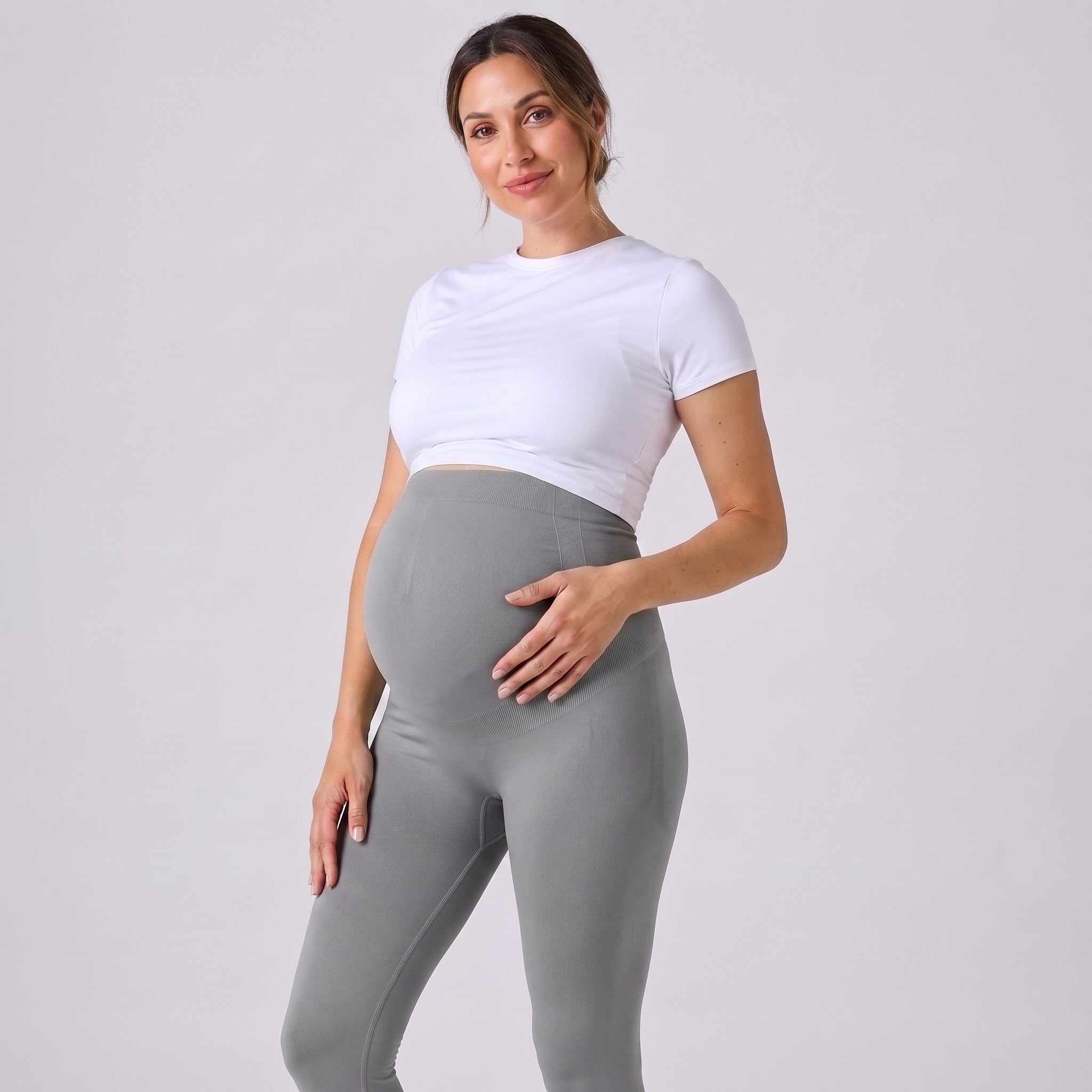 Leggings de embarazo gris medio, cintura alta elástica y ajuste ceñido
