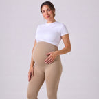 Leggings de embarazo beige claro, cintura alta elástica y tejido ajustado