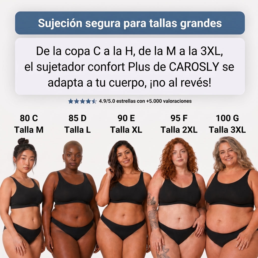 Sujetador sin aros negro en varias tallas, modelos en vista frontal.