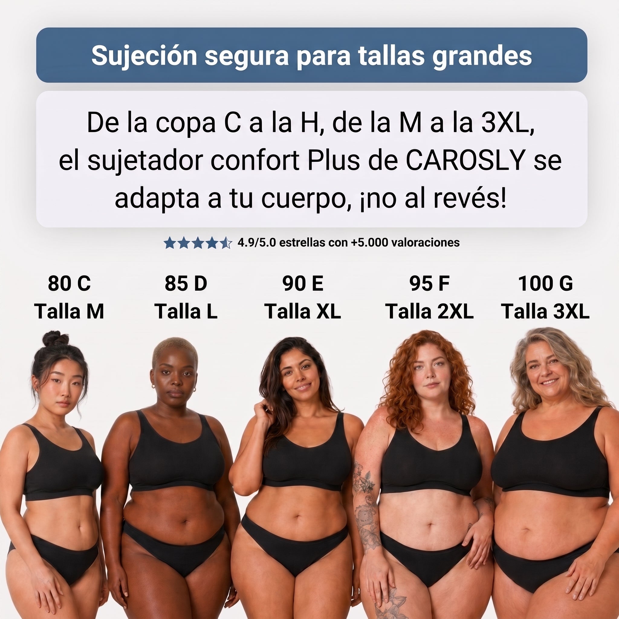 Sujetador sin aros negro en varias tallas, modelos en vista frontal.