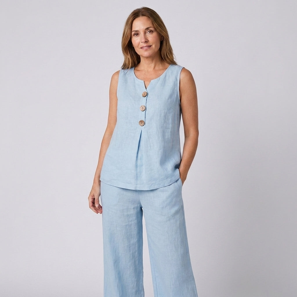 Conjunto azul clarito de lino y algodón: top sin mangas con botones y pantalón ancho largo