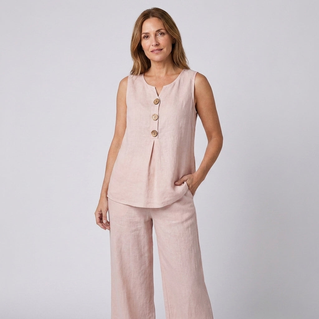 Conjunto rosa claro de lino y algodón: top sin mangas con botones y pantalón ancho