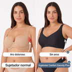 Sujetadores sin aros: uno beige y otro negro, tirantes ajustables, vista frontal.