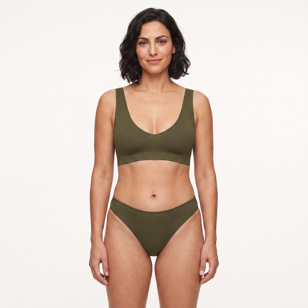 Conjunto de sujetador y 2 tangas sin costuras, verde oliva, tirantes del sujetador