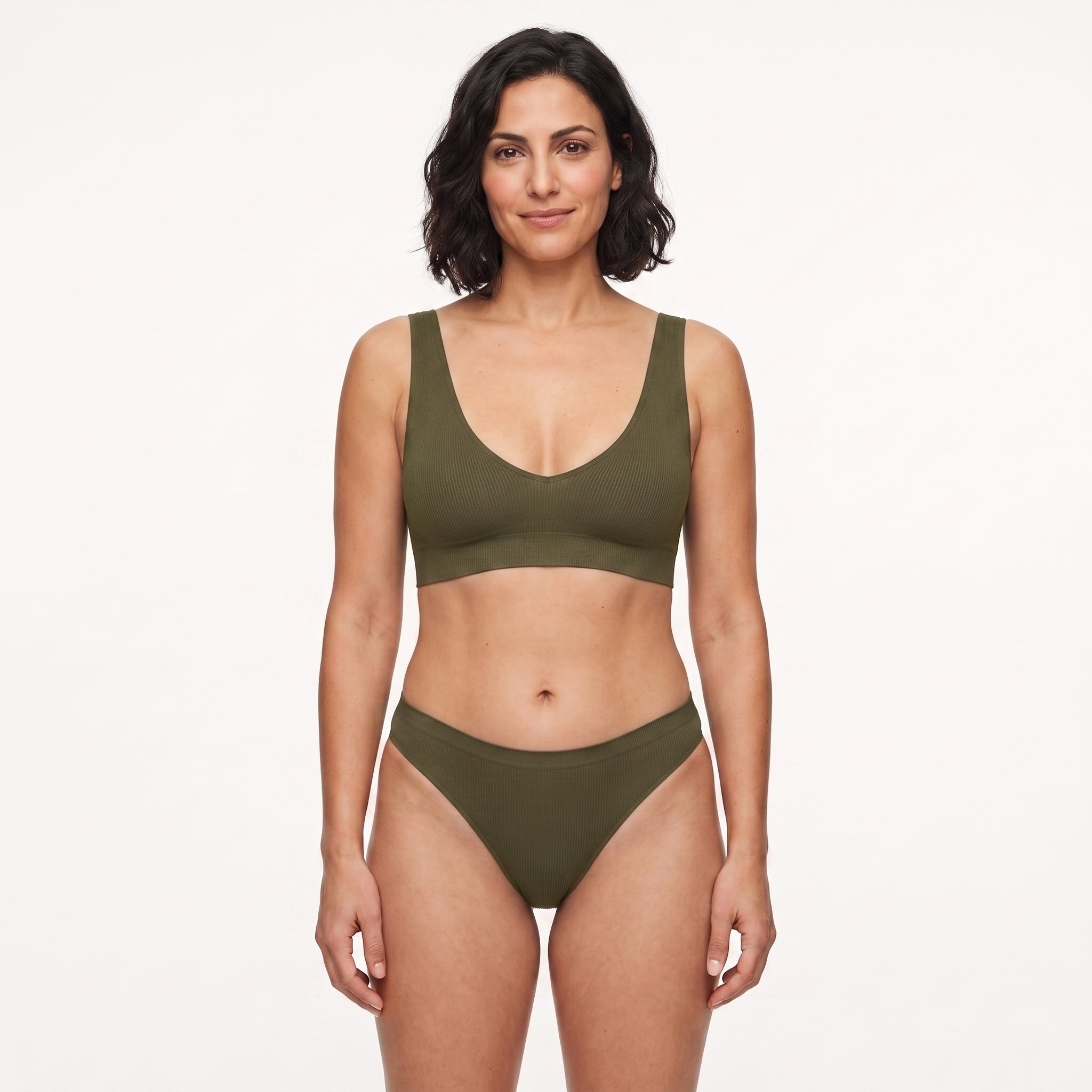 Conjunto de sujetador y 2 tangas sin costuras, verde oliva, tirantes del sujetador