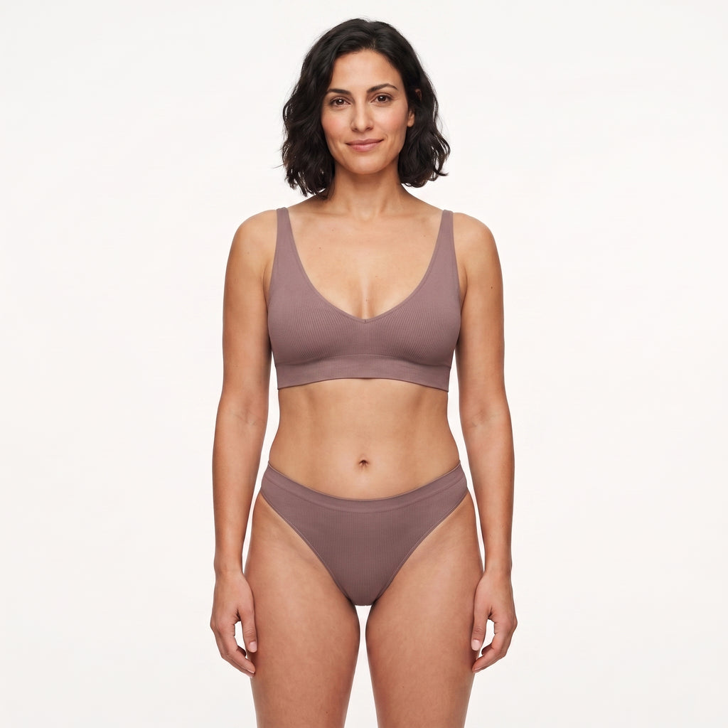 Conjunto de sujetador y 2 tangas sin costuras, morado rosado, braguita tipo tanga