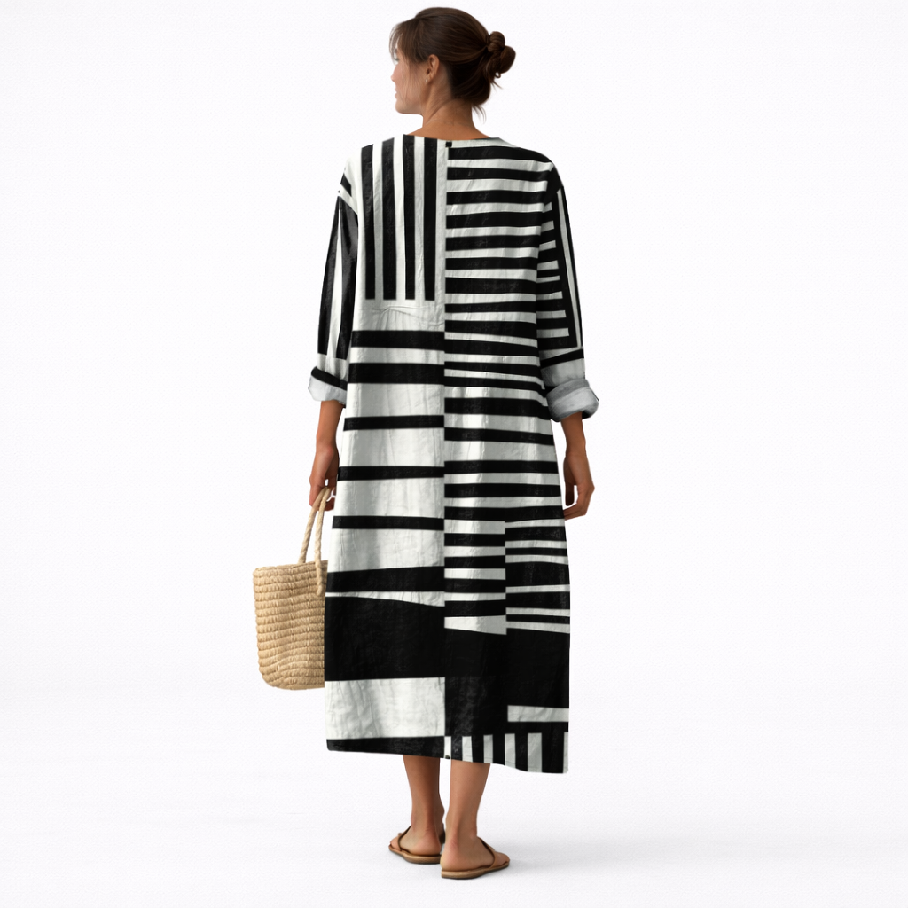 Vestido midi blanco y negro con estampado gráfico, vista trasera con escote