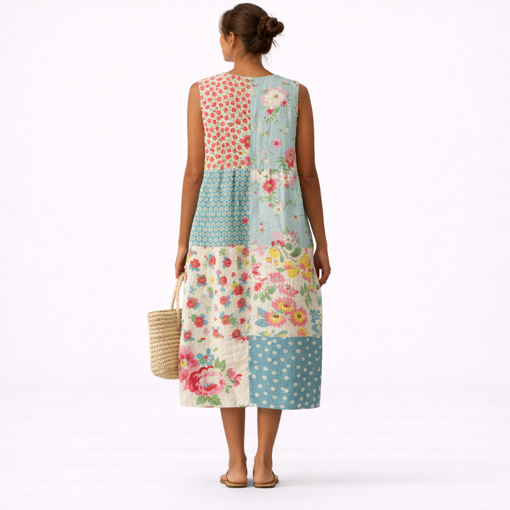 Vestido midi sin mangas estampado floral patchwork, vista trasera