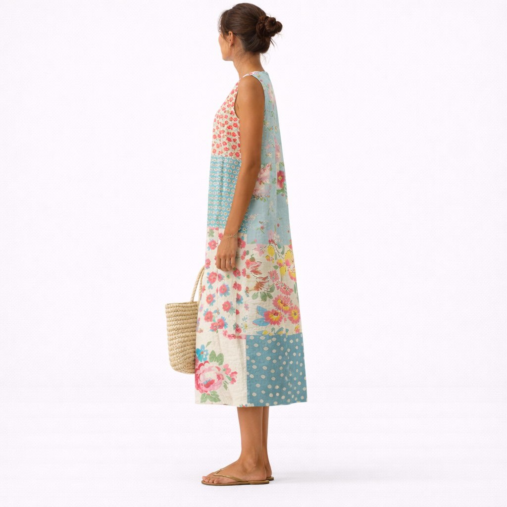 Vestido midi sin mangas floral patchwork, vista trasera completa