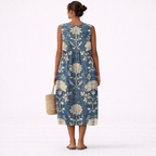 Vestido midi sin mangas azul con estampado floral dorado, vista trasera