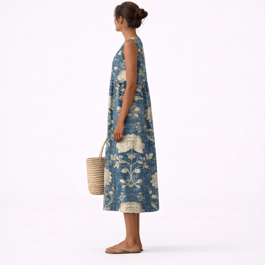 Vestido midi sin mangas azul con estampado floral dorado, vista lateral trasera